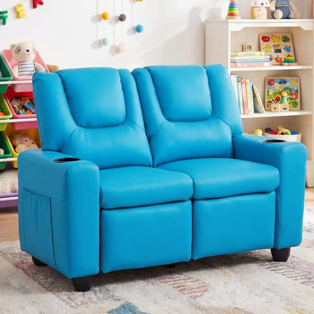 2-Seater Kids Recliner Double Toddler Sofa Chair with 2 Cup Holders-Blue - Blue - Kids Chairs & Seating