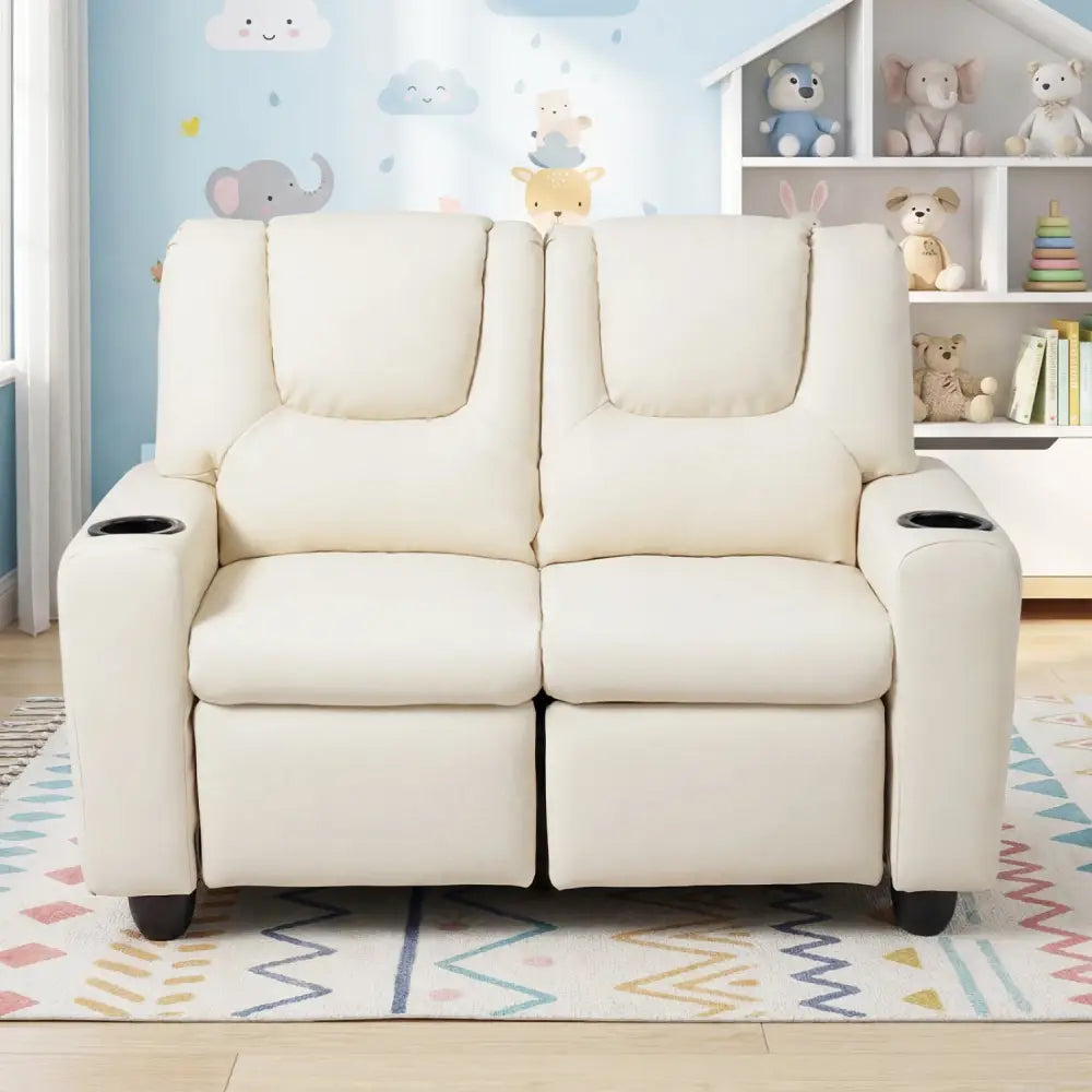 2-Seater Kids Recliner Double Toddler Sofa Chair with 2 Cup Holders-Beige - Beige - Kids Chairs & Seating