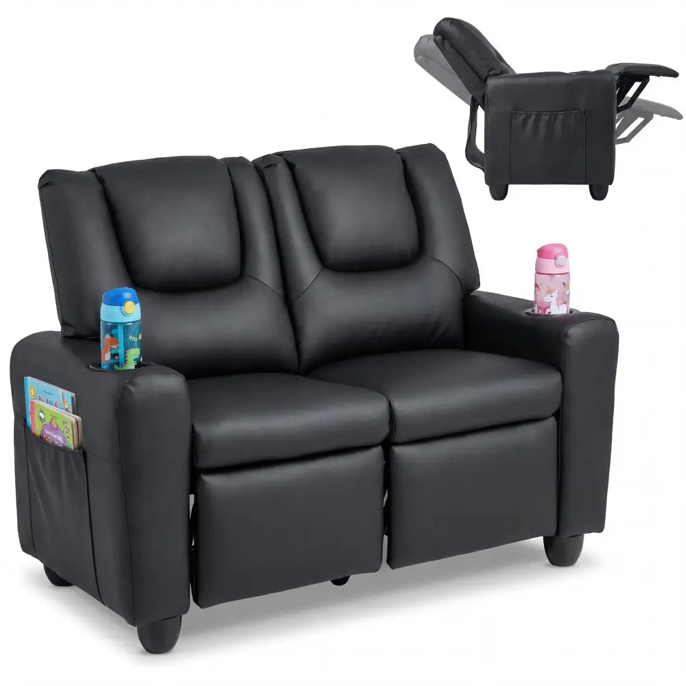 2-Seater Kids Recliner Double Toddler Sofa Chair with 2 Cup Holders-Black - Black - Kids Chairs & Seating
