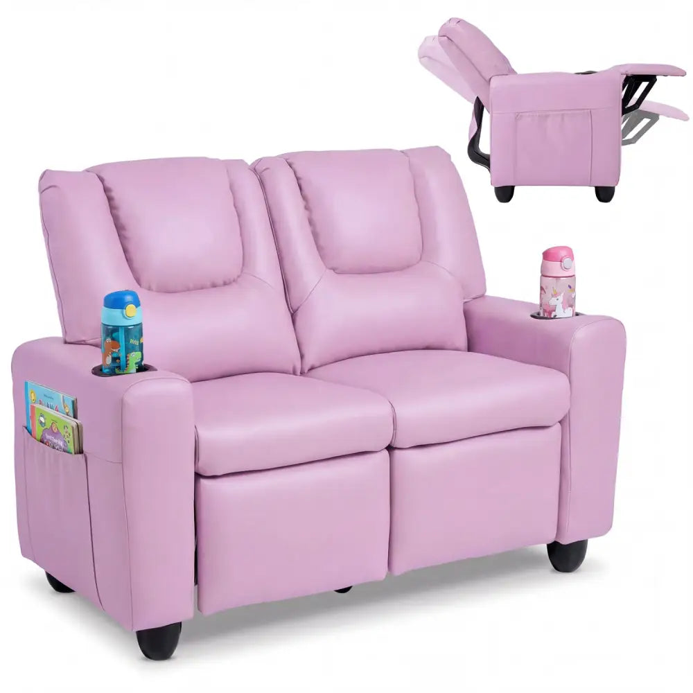2-Seater Kids Recliner Double Toddler Sofa Chair with 2 Cup Holders-Pink - Pink - Kids Chairs & Seating