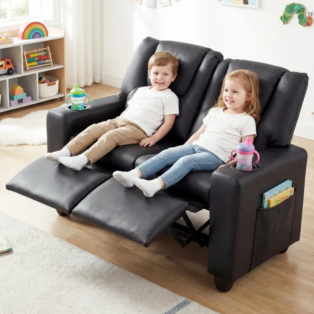 2-Seater Kids Recliner Double Toddler Sofa Chair with 2 Cup Holders-Black - Black - Kids Chairs & Seating