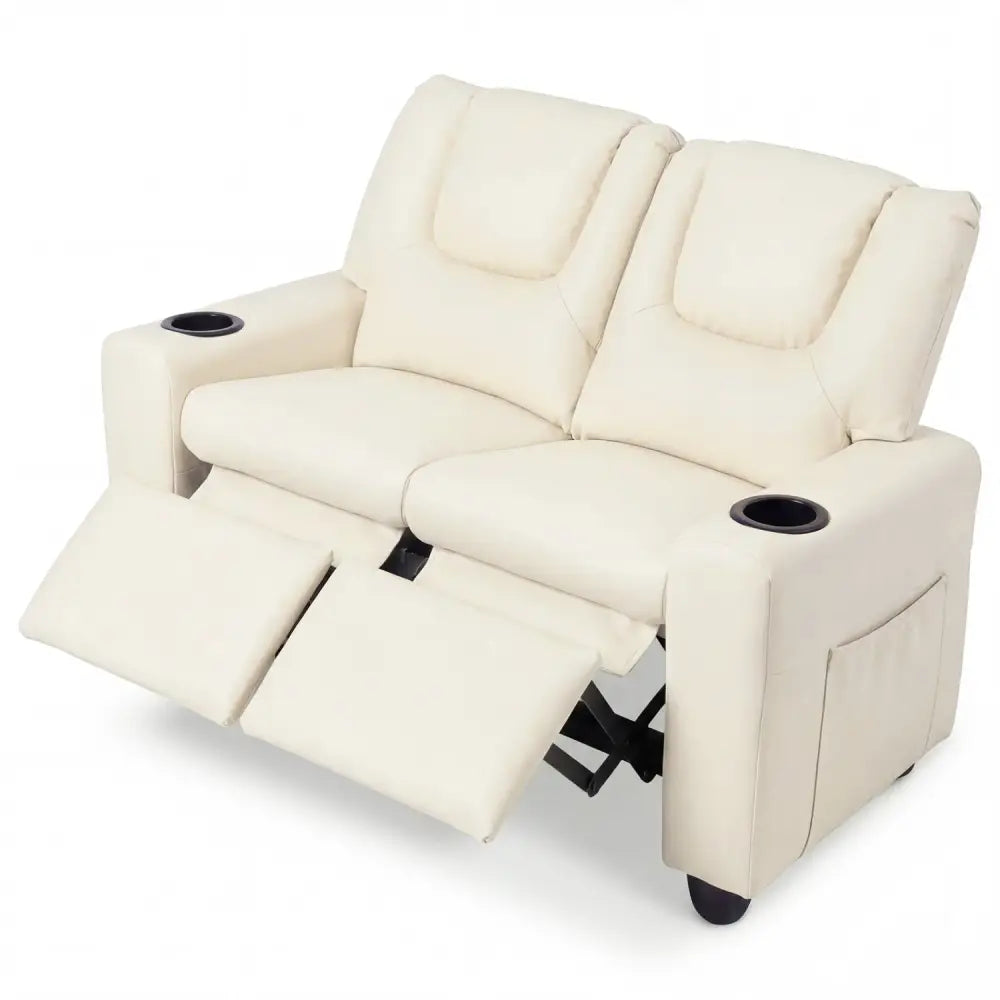 2-Seater Kids Recliner Double Toddler Sofa Chair with 2 Cup Holders-Beige - Beige - Kids Chairs & Seating