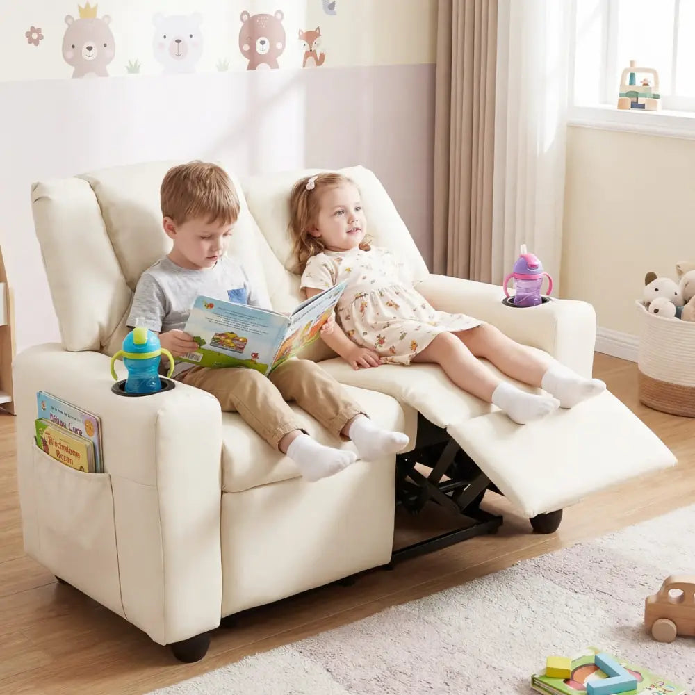 2-Seater Kids Recliner Double Toddler Sofa Chair with 2 Cup Holders-Beige - Beige - Kids Chairs & Seating