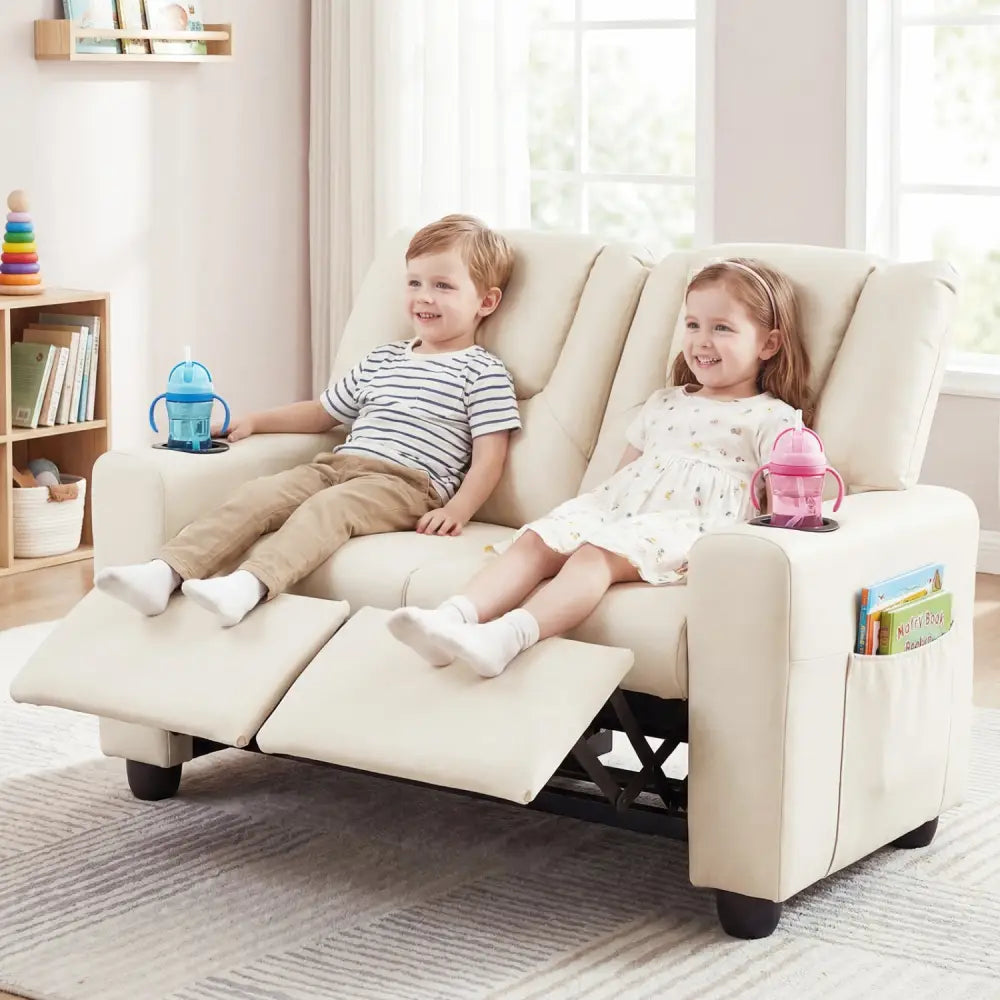 2-Seater Kids Recliner Double Toddler Sofa Chair with 2 Cup Holders-Beige - Beige - Kids Chairs & Seating