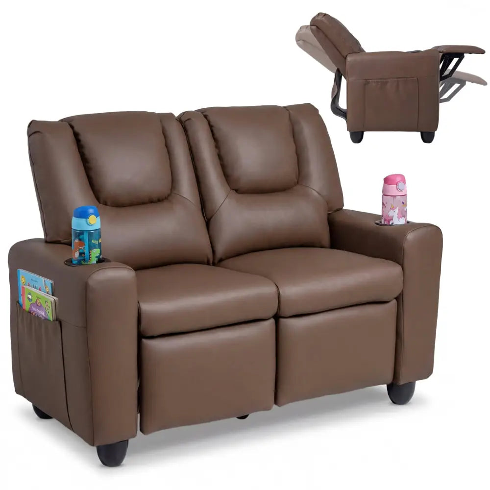 2-Seater Kids Recliner Double Toddler Sofa Chair with 2 Cup Holders-Brown - Brown - Kids Chairs & Seating