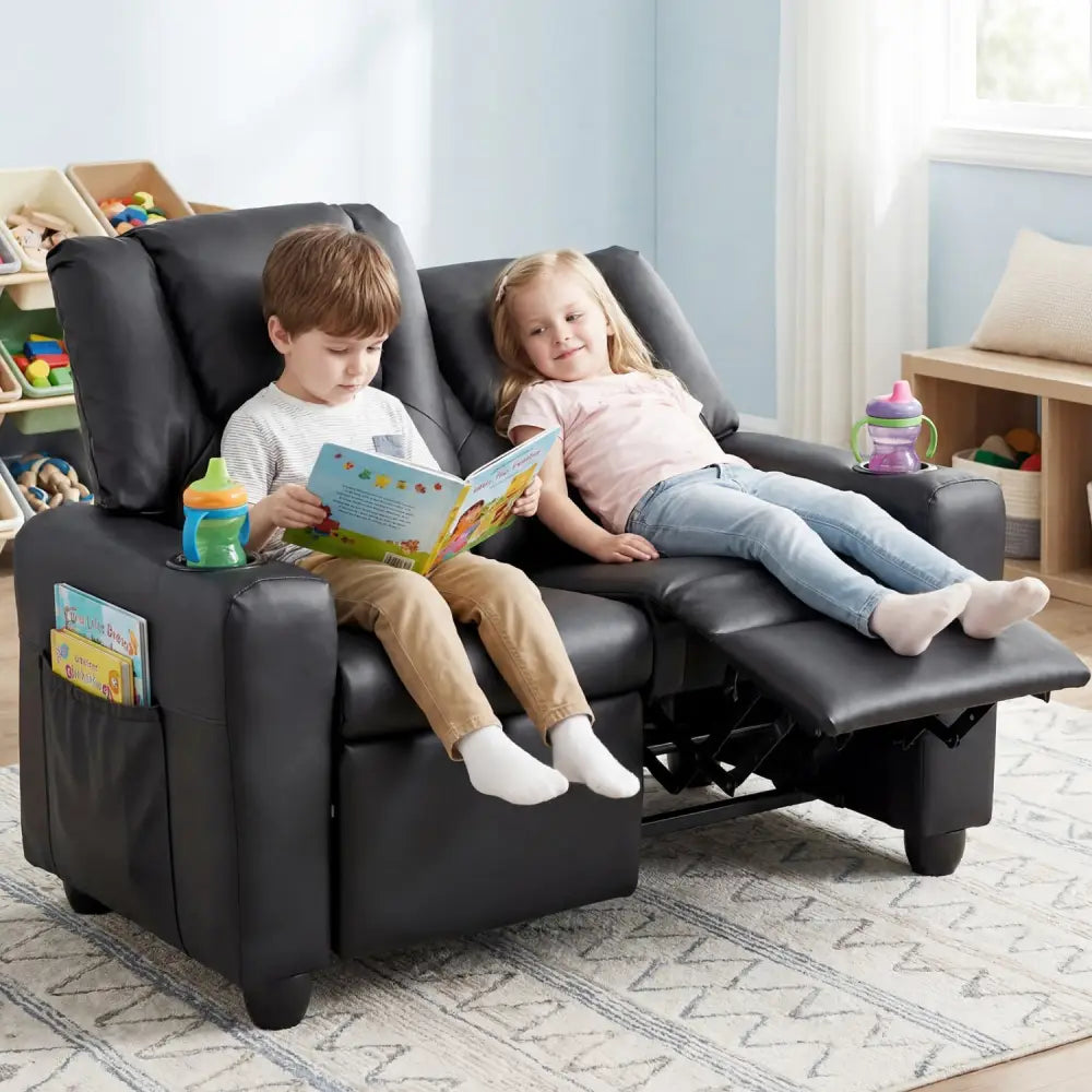 2-Seater Kids Recliner Double Toddler Sofa Chair with 2 Cup Holders-Black - Black - Kids Chairs & Seating