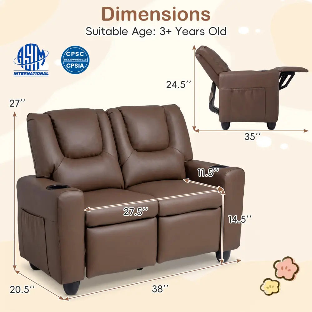 2-Seater Kids Recliner Double Toddler Sofa Chair with 2 Cup Holders-Brown - Brown - Kids Chairs & Seating