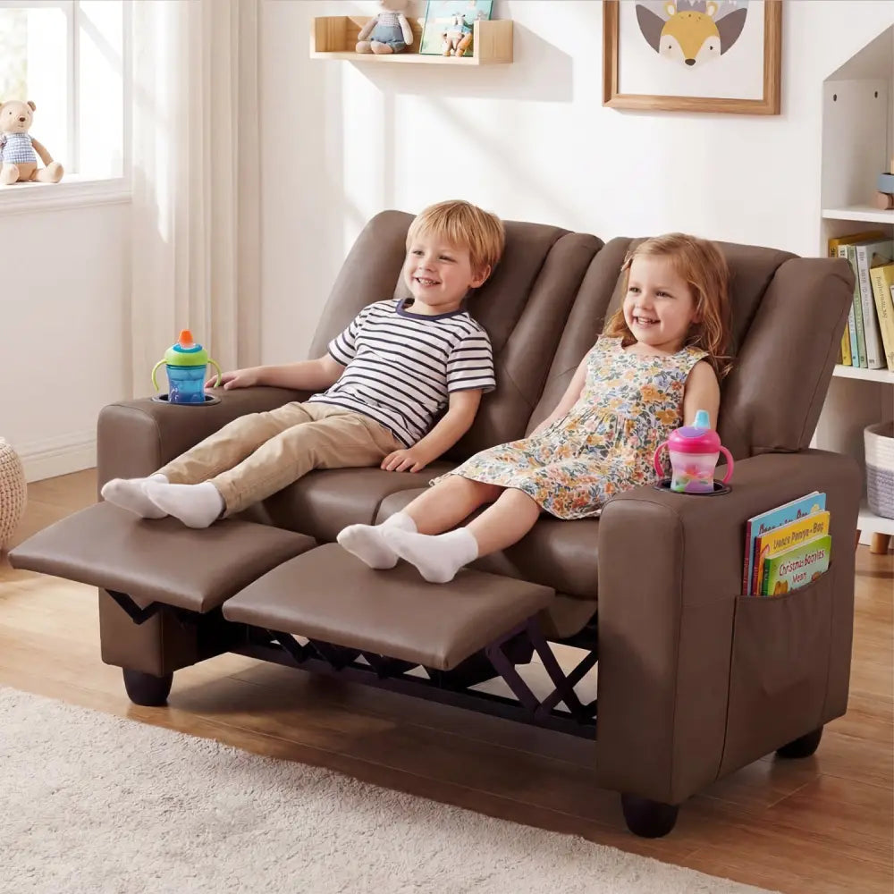 2-Seater Kids Recliner Double Toddler Sofa Chair with 2 Cup Holders-Brown - Brown - Kids Chairs & Seating