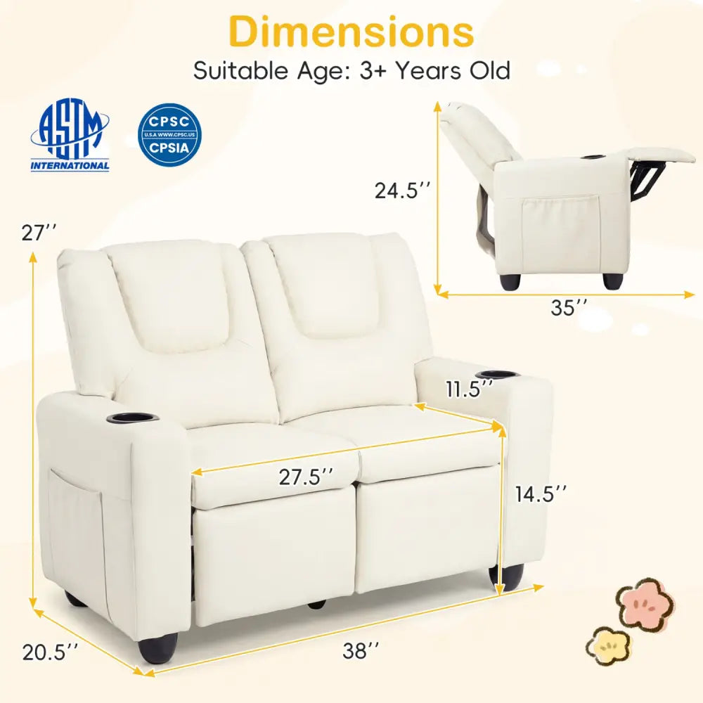 2-Seater Kids Recliner Double Toddler Sofa Chair with 2 Cup Holders-Beige - Beige - Kids Chairs & Seating