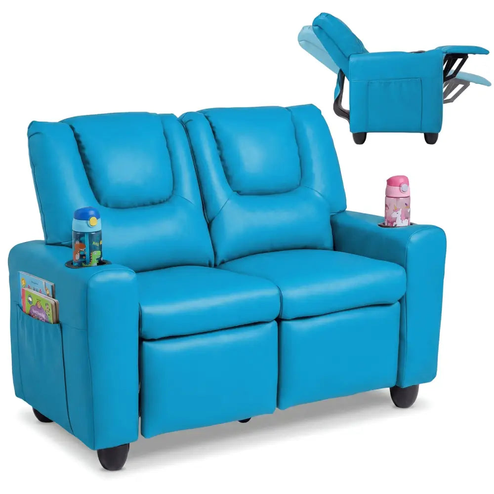 2-Seater Kids Recliner Double Toddler Sofa Chair with 2 Cup Holders-Blue - Blue - Kids Chairs & Seating