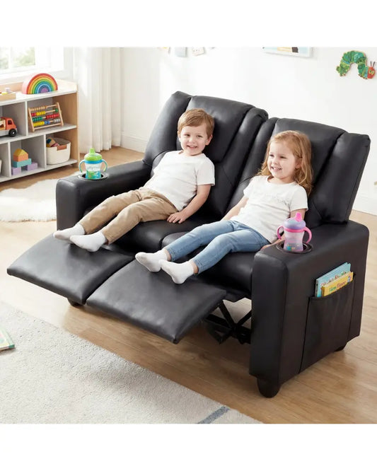 2-Seater Kids Recliner Double Toddler Sofa Chair with 2 Cup Holders-Black - Black - Kids Chairs & Seating