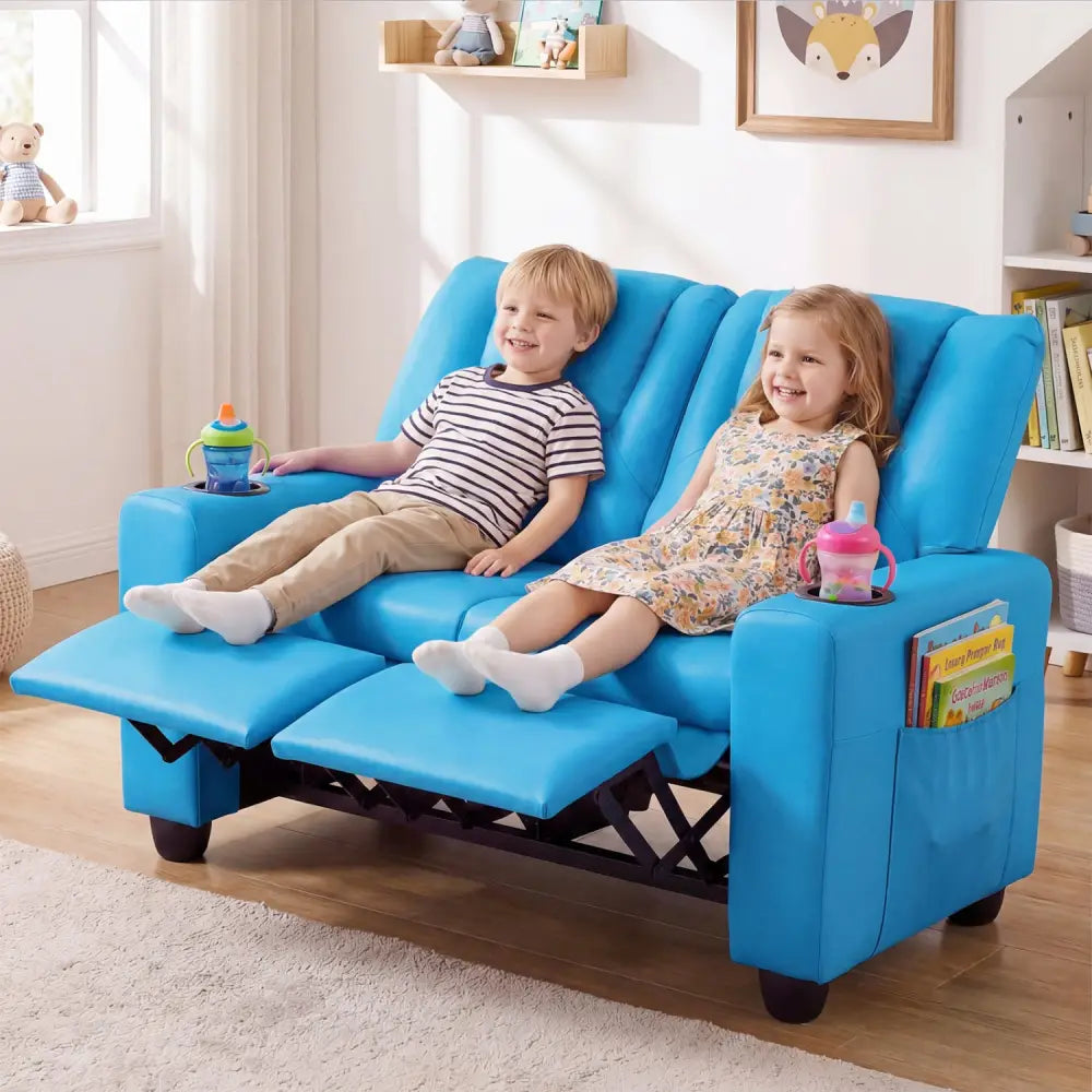 2-Seater Kids Recliner Double Toddler Sofa Chair with 2 Cup Holders-Blue - Blue - Kids Chairs & Seating