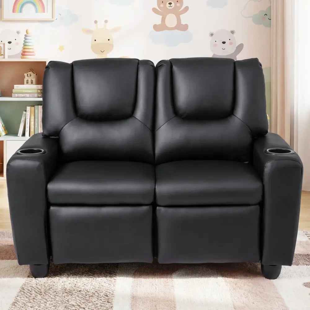 2-Seater Kids Recliner Double Toddler Sofa Chair with 2 Cup Holders-Black - Black - Kids Chairs & Seating