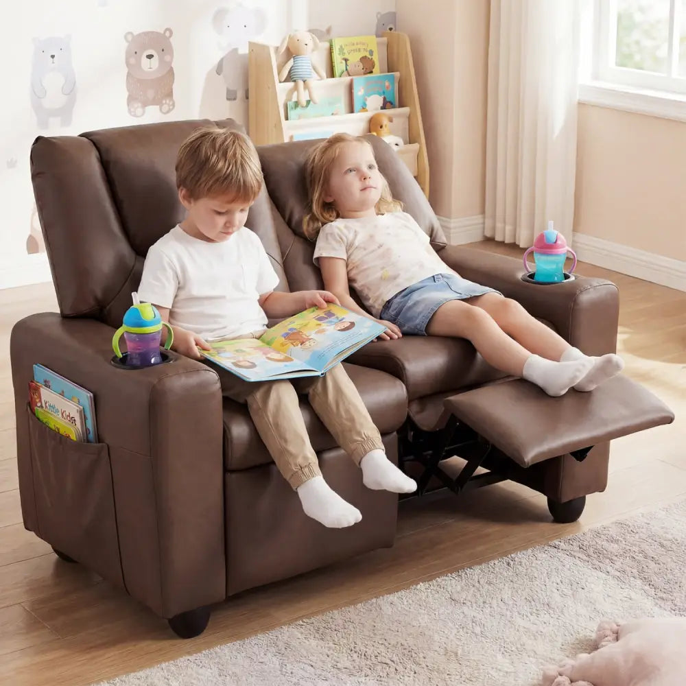 2-Seater Kids Recliner Double Toddler Sofa Chair with 2 Cup Holders-Brown - Brown - Kids Chairs & Seating