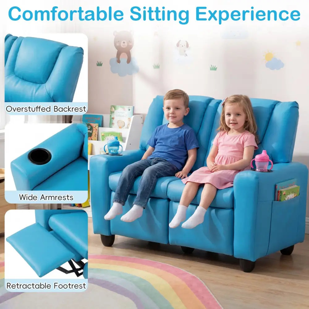 2-Seater Kids Recliner Double Toddler Sofa Chair with 2 Cup Holders-Blue - Blue - Kids Chairs & Seating