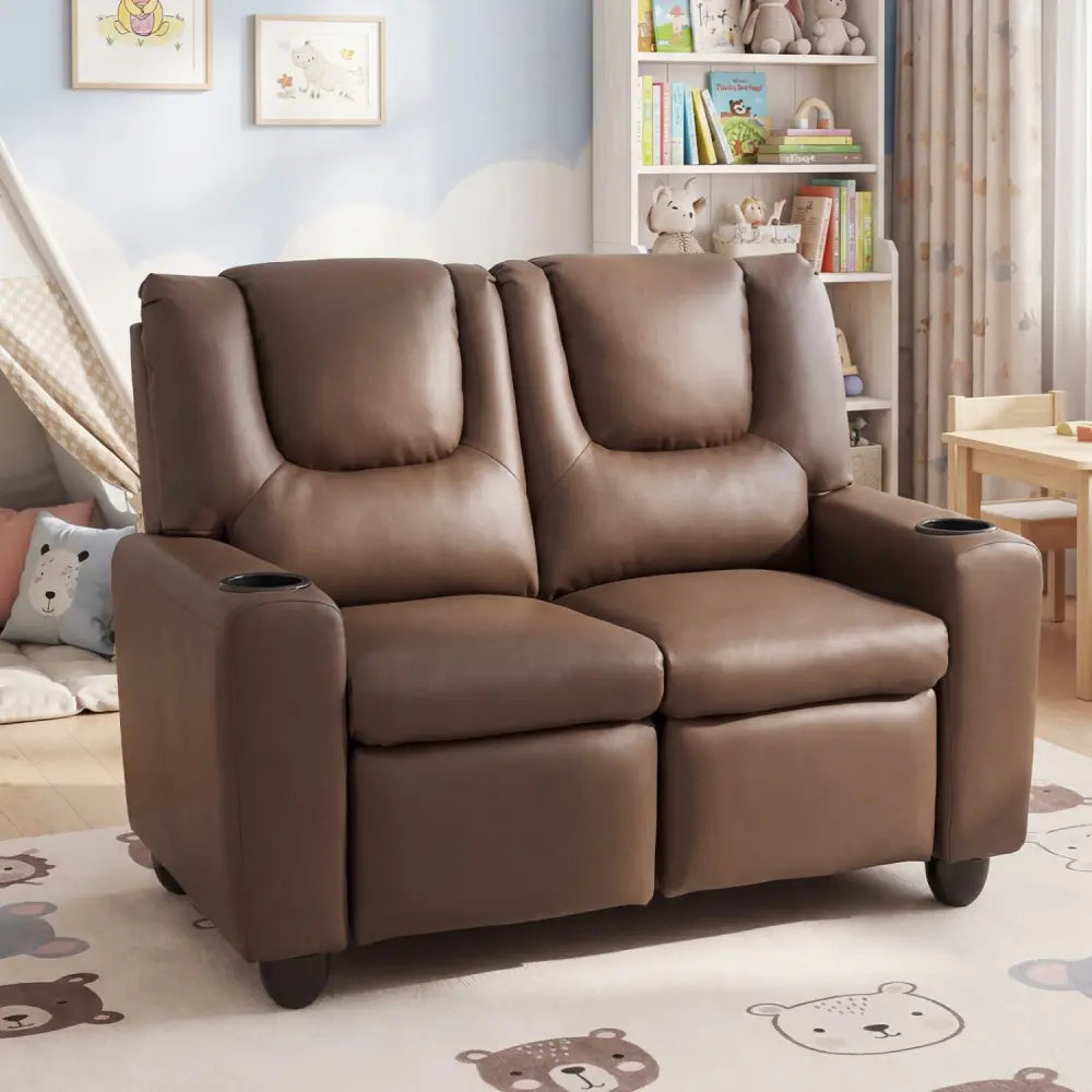 2-Seater Kids Recliner Double Toddler Sofa Chair with 2 Cup Holders-Brown - Brown - Kids Chairs & Seating