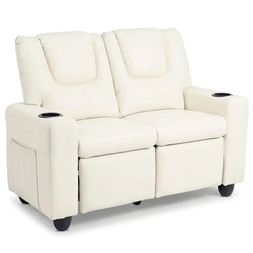 2-Seater Kids Recliner Double Toddler Sofa Chair with 2 Cup Holders-Beige - Beige - Kids Chairs & Seating