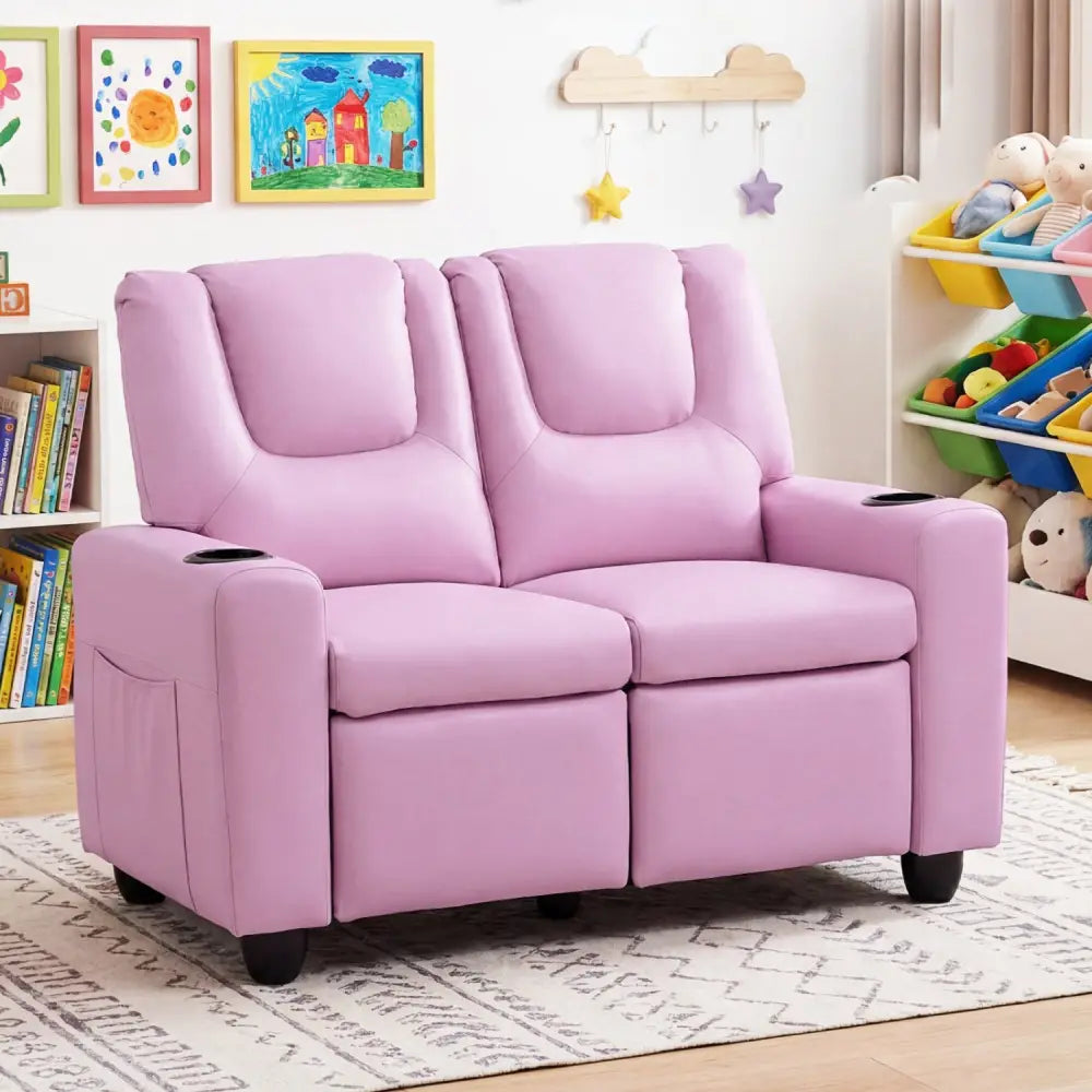 2-Seater Kids Recliner Double Toddler Sofa Chair with 2 Cup Holders-Pink - Pink - Kids Chairs & Seating