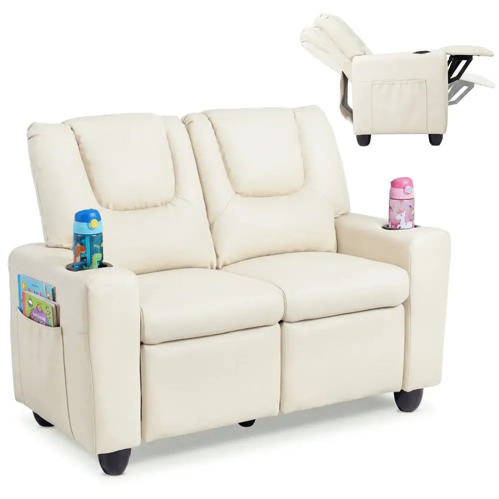 2-Seater Kids Recliner Double Toddler Sofa Chair with 2 Cup Holders-Beige - Beige - Kids Chairs & Seating