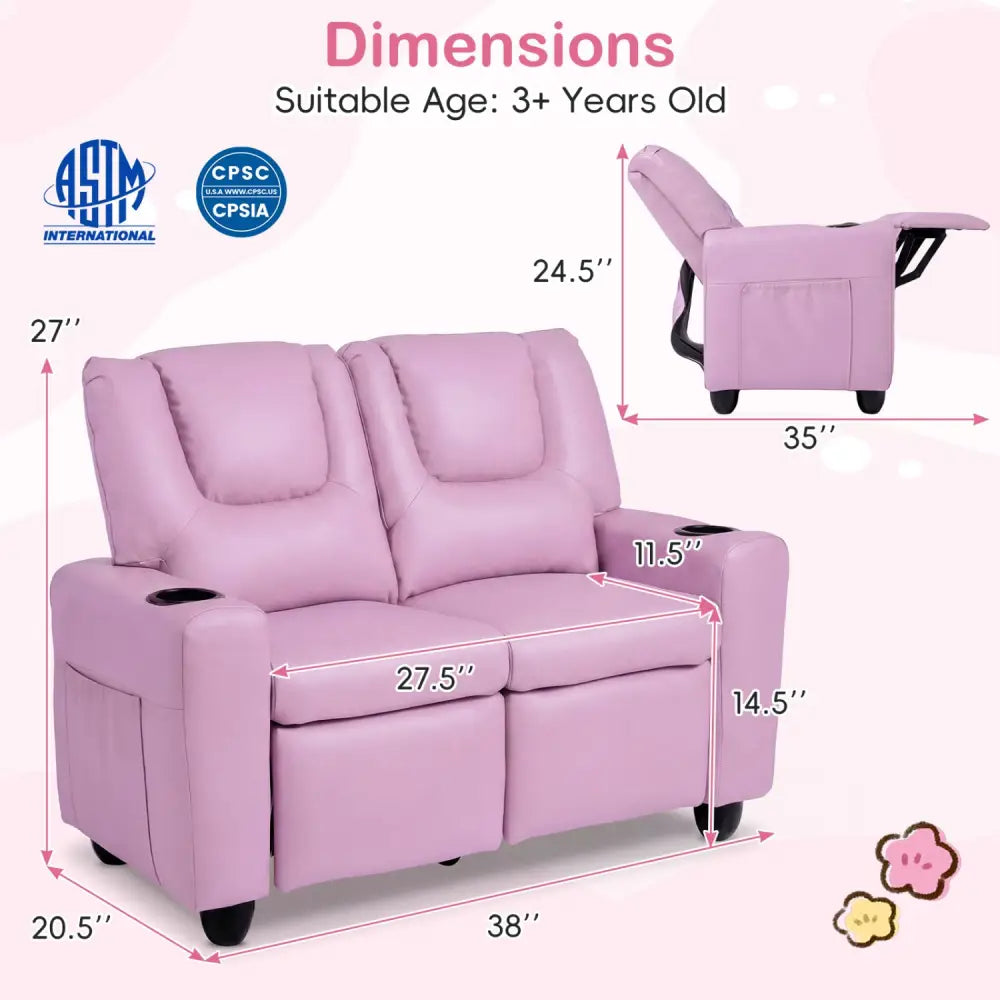2-Seater Kids Recliner Double Toddler Sofa Chair with 2 Cup Holders-Pink - Pink - Kids Chairs & Seating