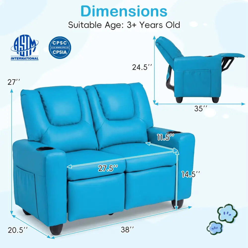 2-Seater Kids Recliner Double Toddler Sofa Chair with 2 Cup Holders-Blue - Blue - Kids Chairs & Seating
