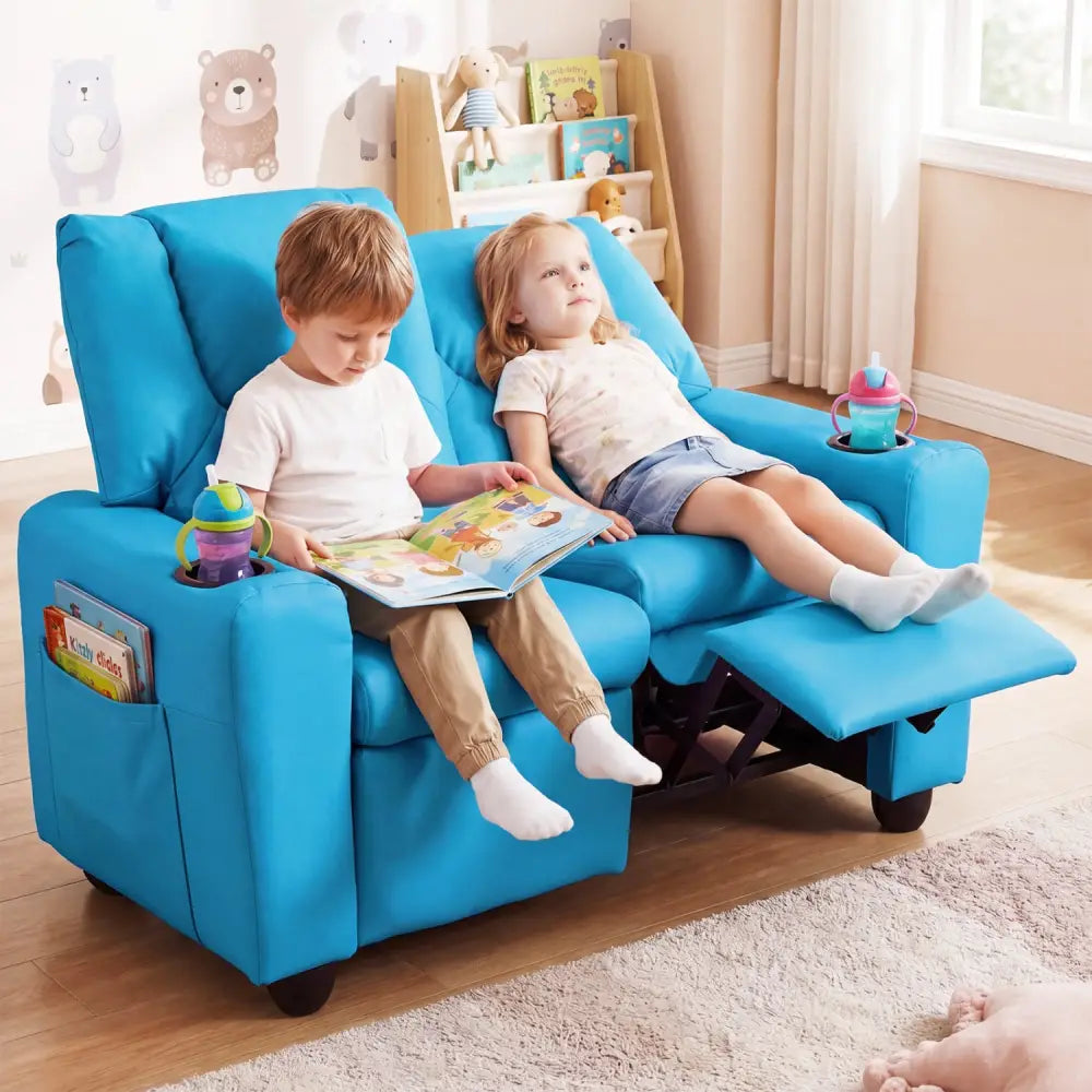2-Seater Kids Recliner Double Toddler Sofa Chair with 2 Cup Holders-Blue - Blue - Kids Chairs & Seating