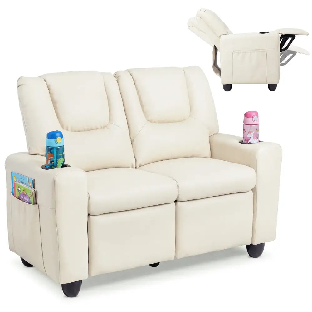 2-Seater Kids Recliner Double Toddler Sofa Chair with 2 Cup Holders-Beige - Beige - Kids Chairs & Seating