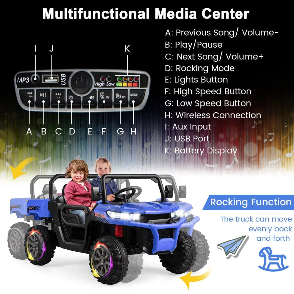 2-Seater Kids Ride On Dump Truck with Dump Bed and Shovel-Blue - Blue - Powered Ride On Toys