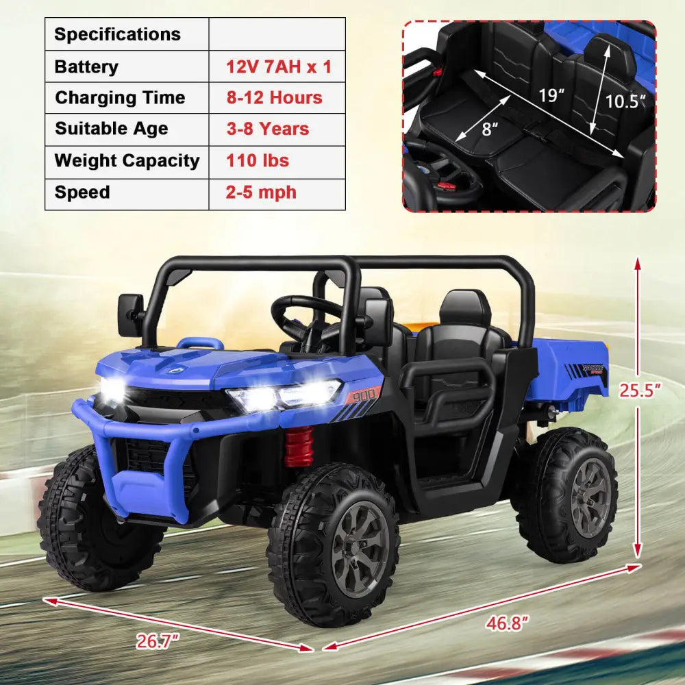 2-Seater Kids Ride On Dump Truck with Dump Bed and Shovel-Blue - Blue - Powered Ride On Toys