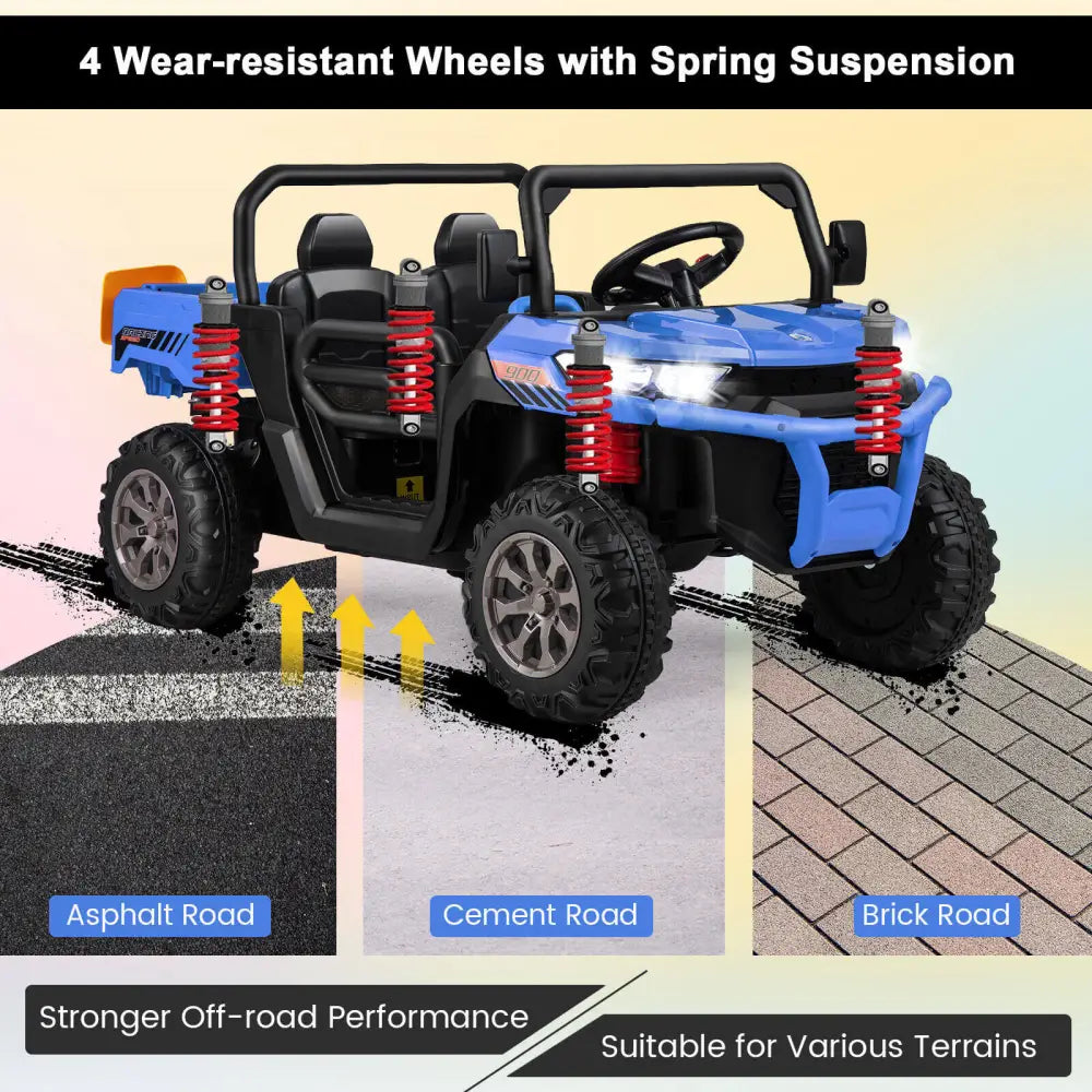 2-Seater Kids Ride On Dump Truck with Dump Bed and Shovel-Blue - Blue - Powered Ride On Toys