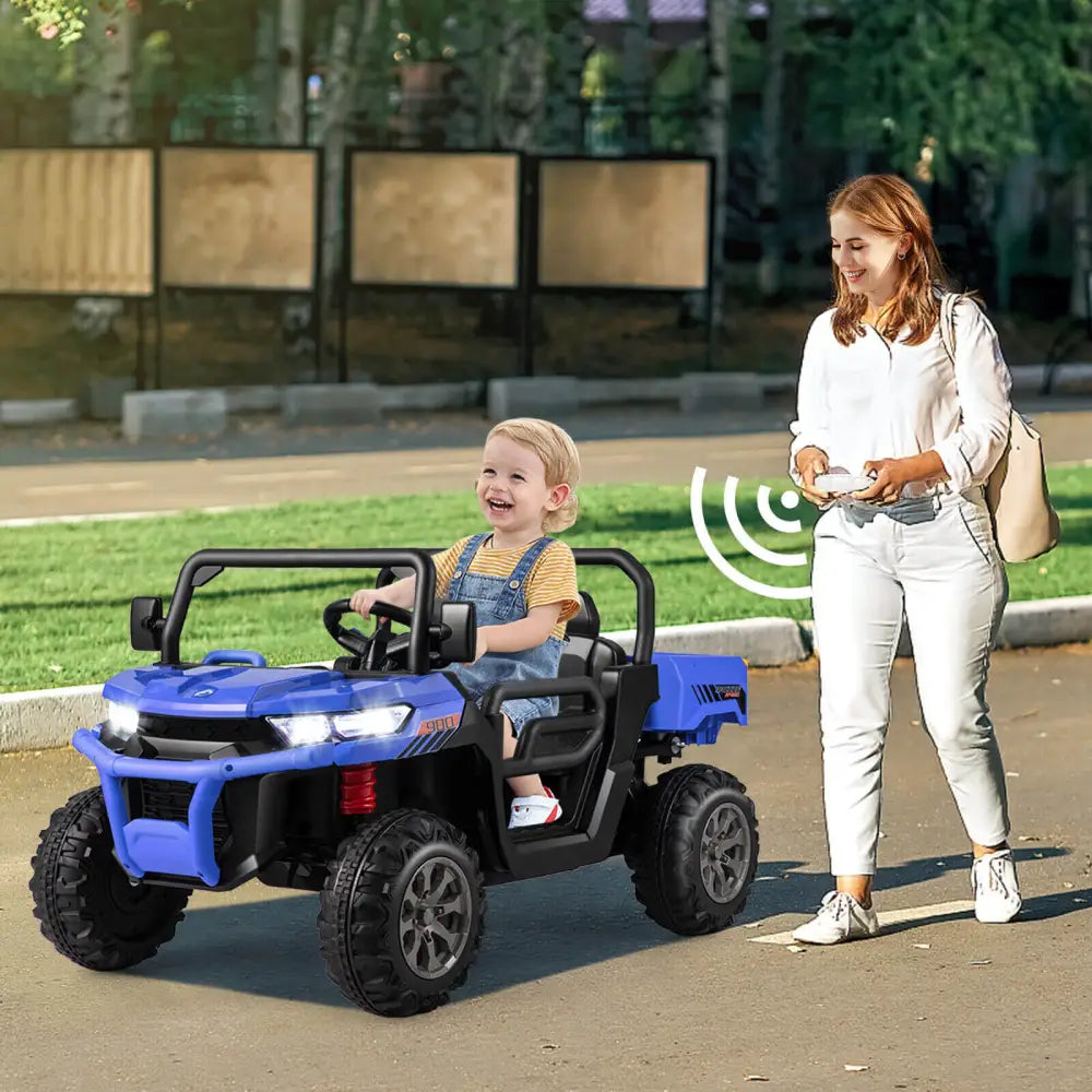2-Seater Kids Ride On Dump Truck with Dump Bed and Shovel-Blue - Blue - Powered Ride On Toys