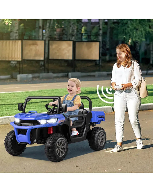 2-Seater Kids Ride On Dump Truck with Dump Bed and Shovel-Blue - Blue - Powered Ride On Toys