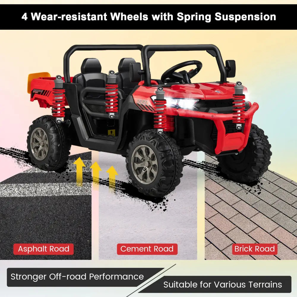2-Seater Kids Ride On Dump Truck with Dump Bed and Shovel-Red - Red - Powered Ride On Toys