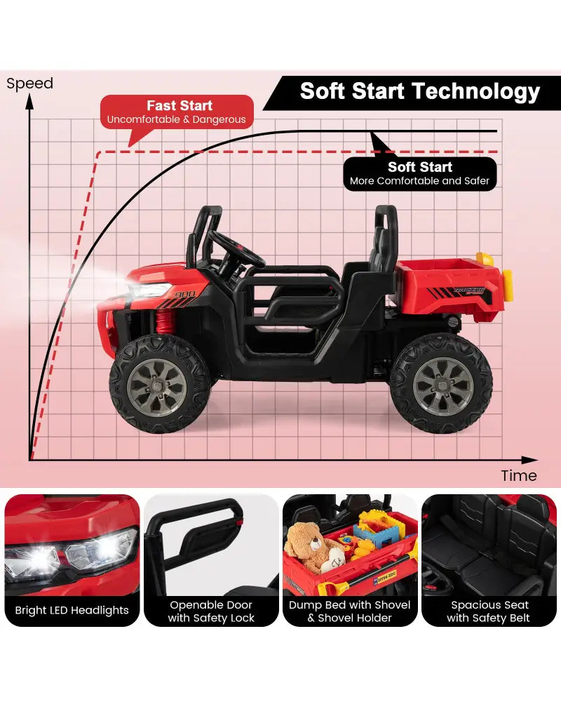 2-Seater Kids Ride On Dump Truck with Dump Bed and Shovel-Red - Red - Powered Ride On Toys