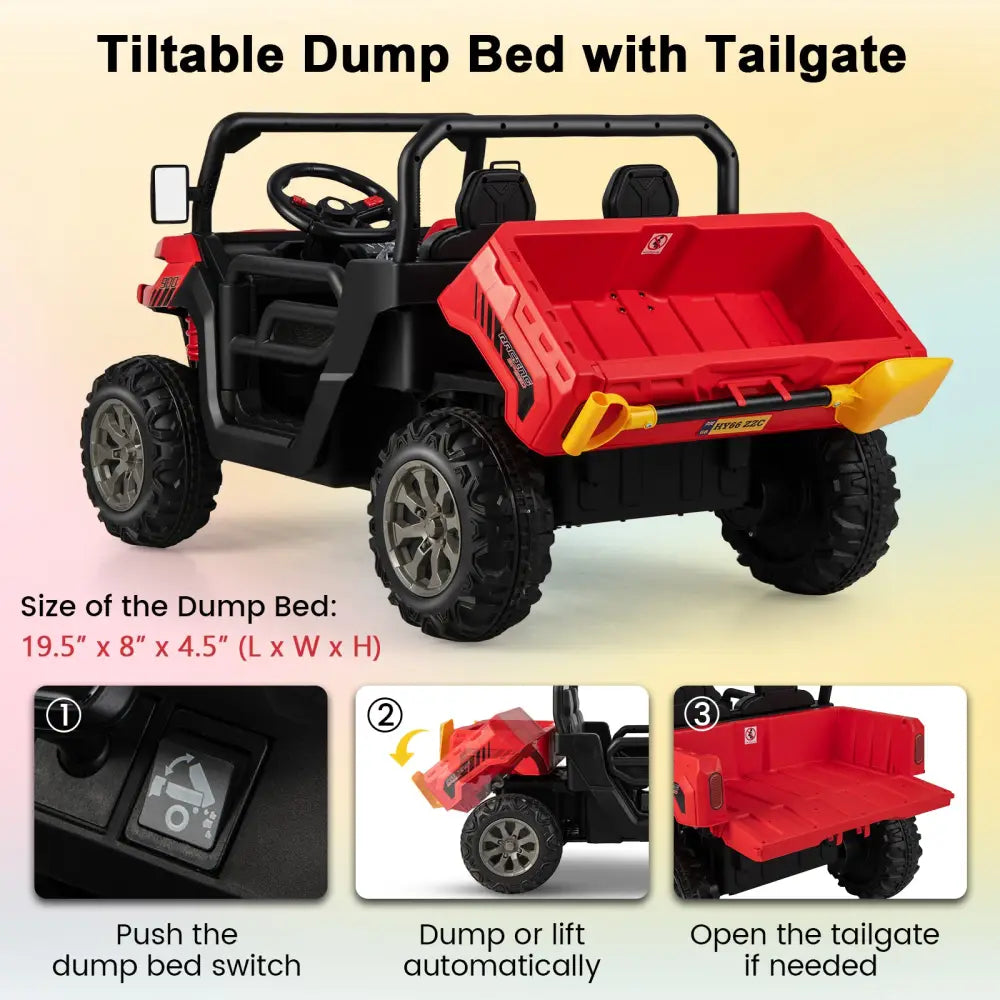 2-Seater Kids Ride On Dump Truck with Dump Bed and Shovel-Red - Red - Powered Ride On Toys