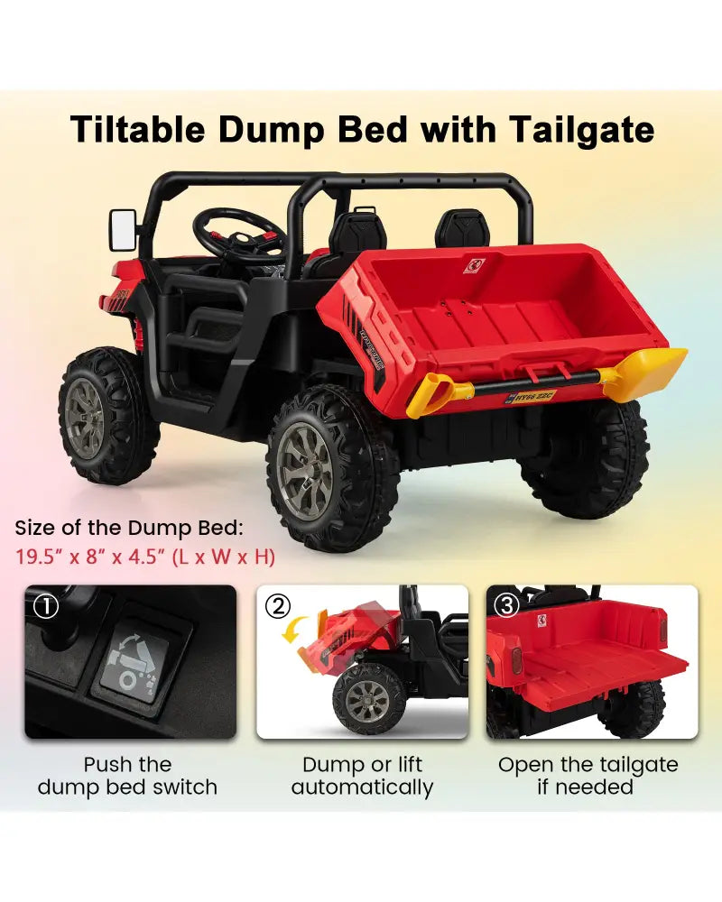 2-Seater Kids Ride On Dump Truck with Dump Bed and Shovel-Red - Red - Powered Ride On Toys