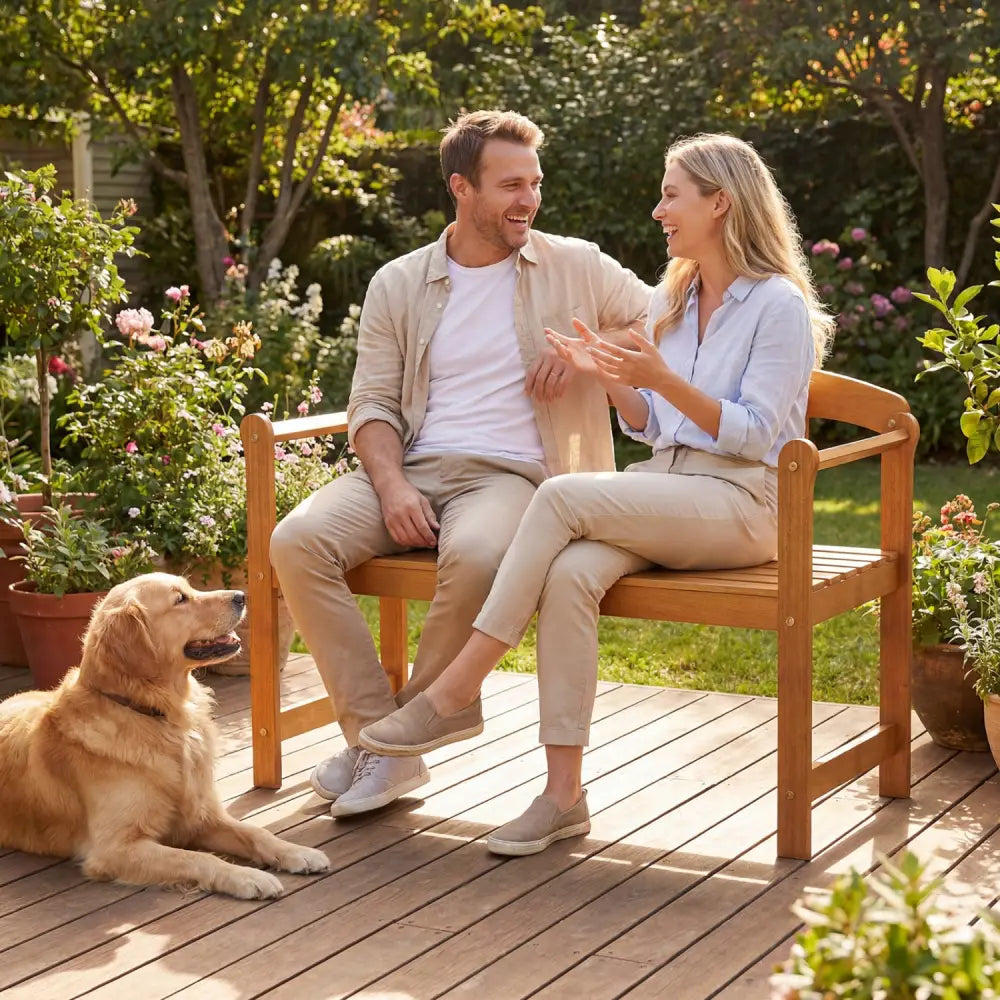 2-Seater Outdoor Acacia Wood Garden Bench with Backrest & Armrests - Outdoor Benches