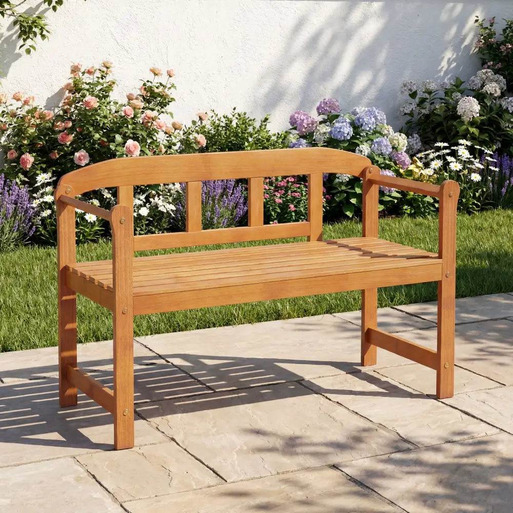 2-Seater Outdoor Acacia Wood Garden Bench with Backrest & Armrests - Outdoor Benches