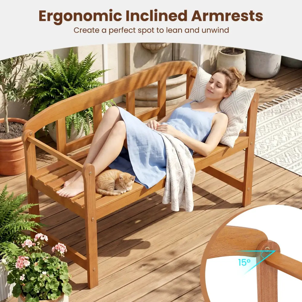 2-Seater Outdoor Acacia Wood Garden Bench with Backrest & Armrests - Outdoor Benches