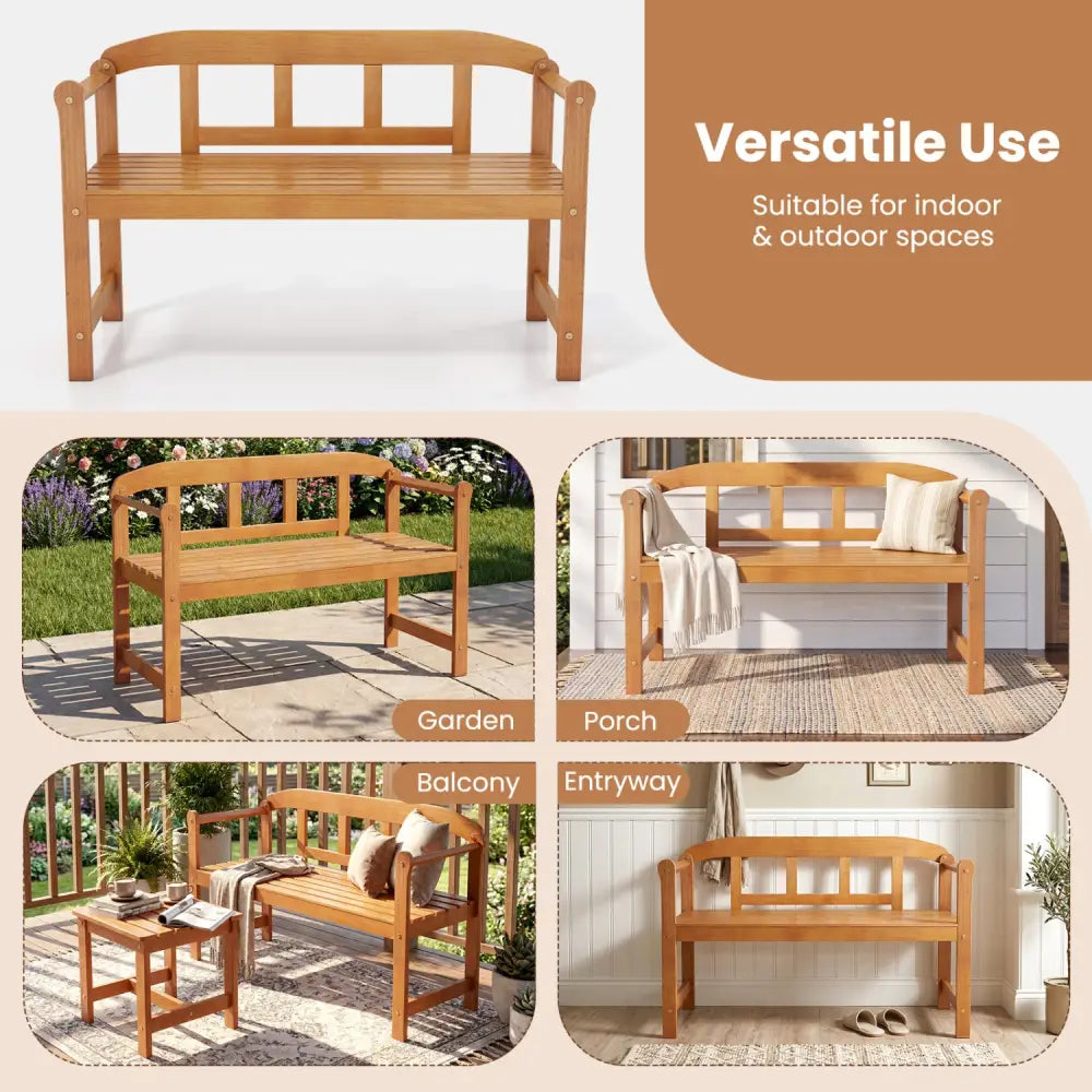 2-Seater Outdoor Acacia Wood Garden Bench with Backrest & Armrests - Outdoor Benches