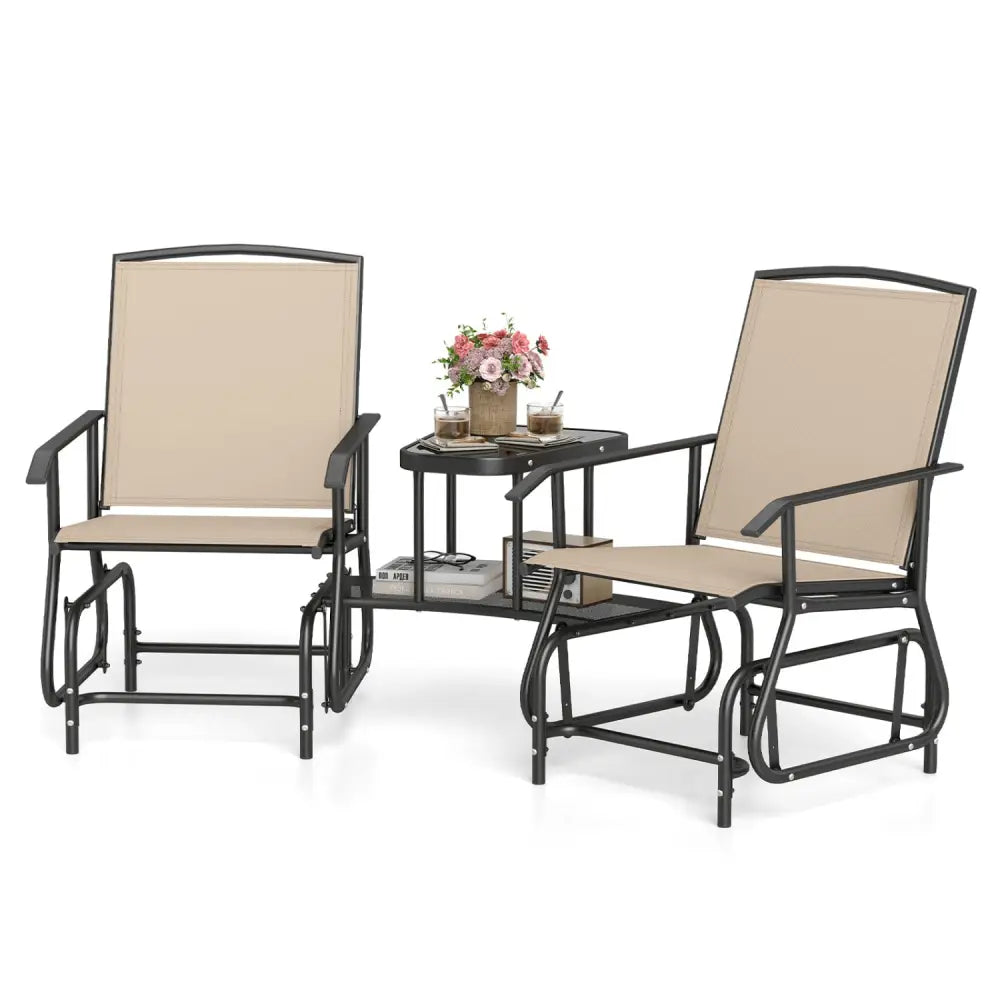 2-Seater Outdoor Glider Bench with 2-Tier Center Table-Beige - Beige - Patio Rocking Chairs & Gliders