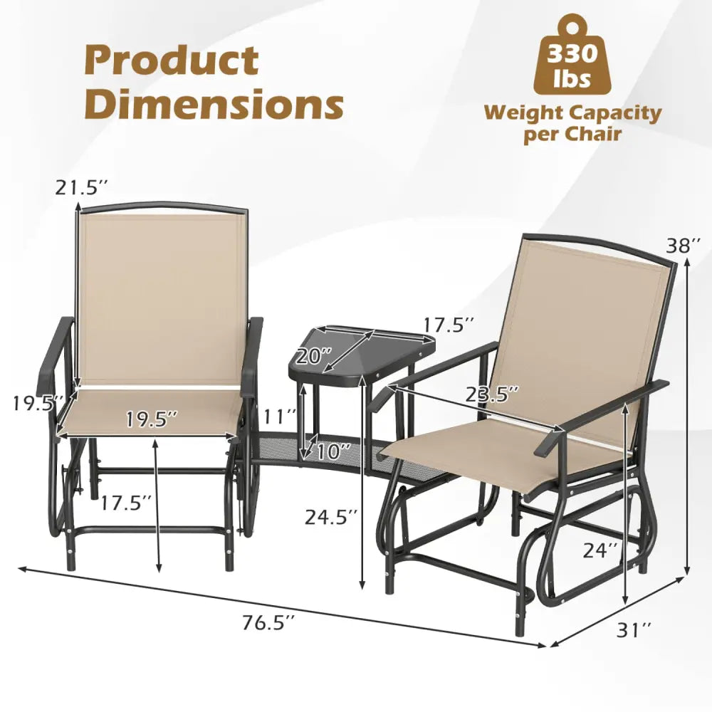 2-Seater Outdoor Glider Bench with 2-Tier Center Table-Beige - Beige - Patio Rocking Chairs & Gliders