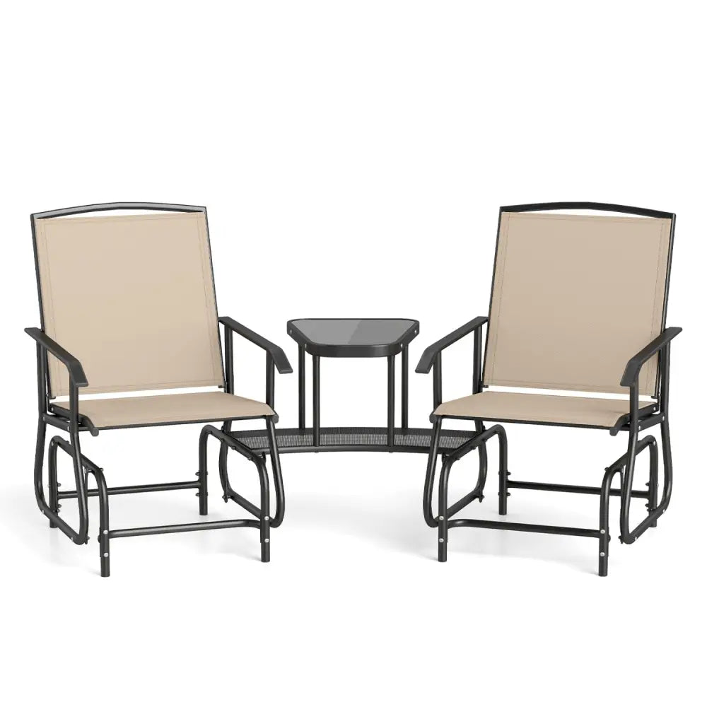 2-Seater Outdoor Glider Bench with 2-Tier Center Table-Beige - Beige - Patio Rocking Chairs & Gliders