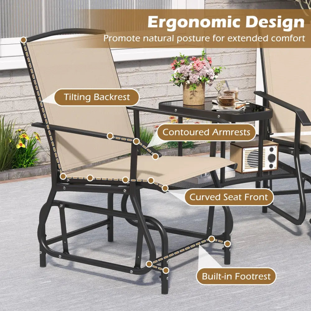 2-Seater Outdoor Glider Bench with 2-Tier Center Table-Beige - Beige - Patio Rocking Chairs & Gliders