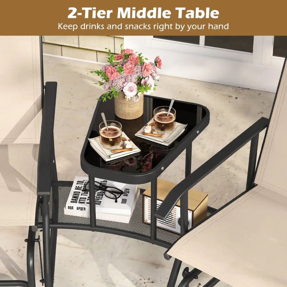 2-Seater Outdoor Glider Bench with 2-Tier Center Table-Beige - Beige - Patio Rocking Chairs & Gliders