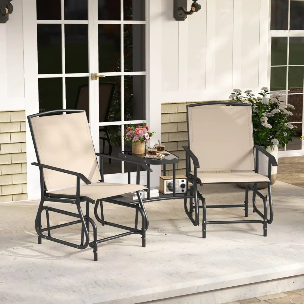 2-Seater Outdoor Glider Bench with 2-Tier Center Table-Beige - Beige - Patio Rocking Chairs & Gliders