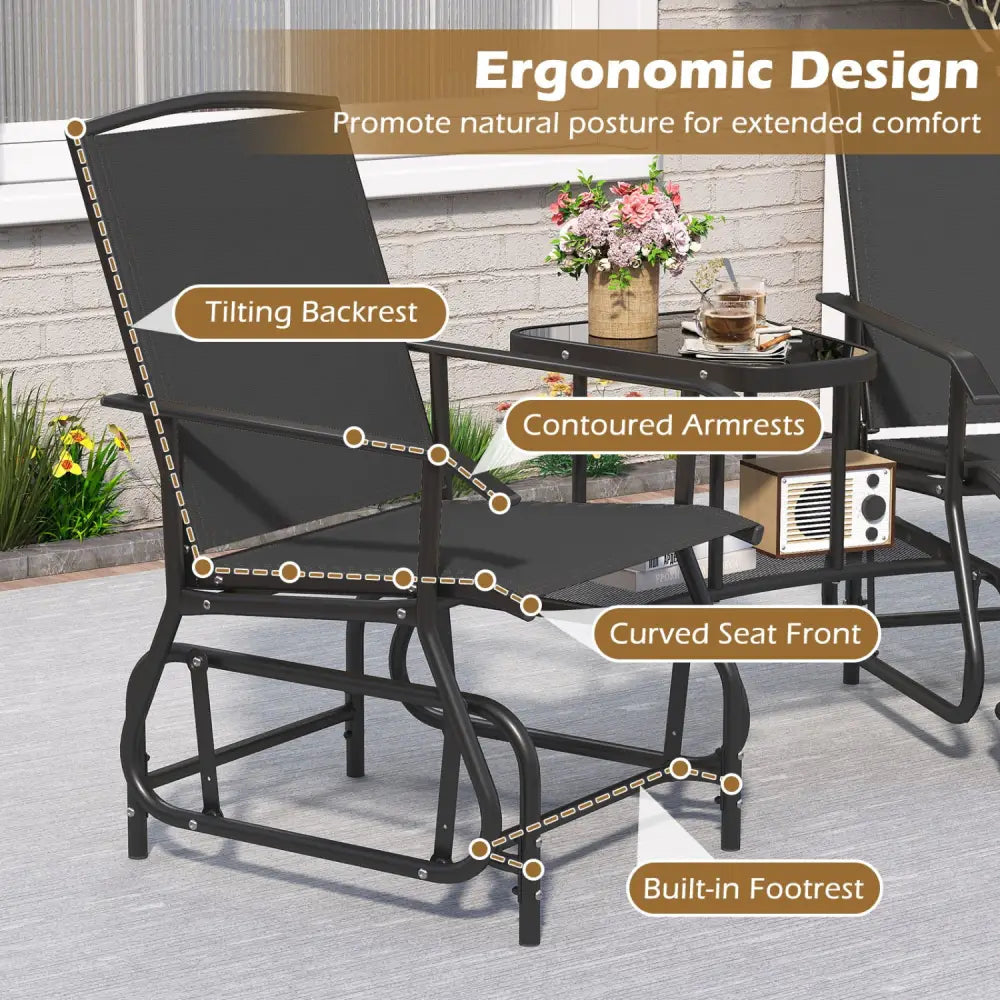 2-Seater Outdoor Glider Bench with 2-Tier Center Table-Black - Black - Patio Rocking Chairs & Gliders