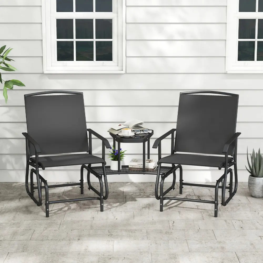 2-Seater Outdoor Glider Bench with 2-Tier Center Table-Black - Black - Patio Rocking Chairs & Gliders