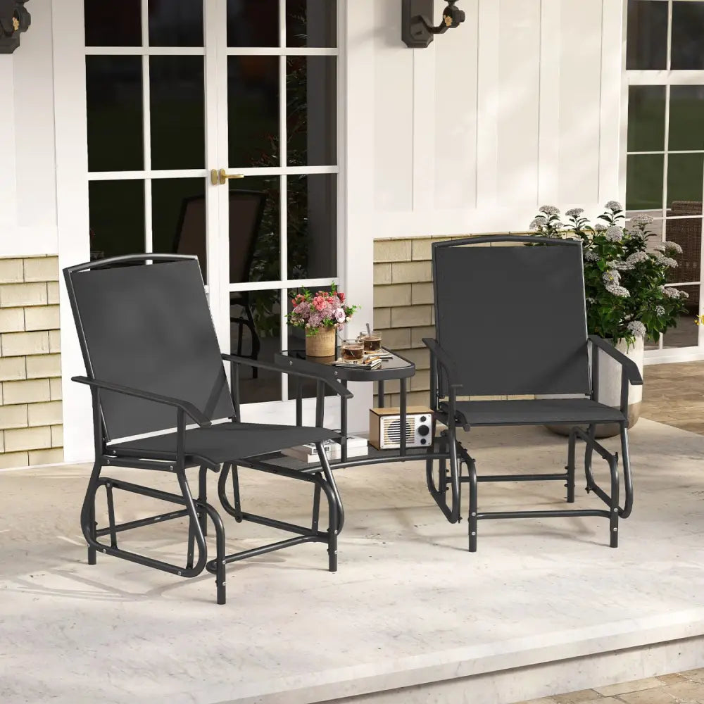 2-Seater Outdoor Glider Bench with 2-Tier Center Table-Black - Black - Patio Rocking Chairs & Gliders