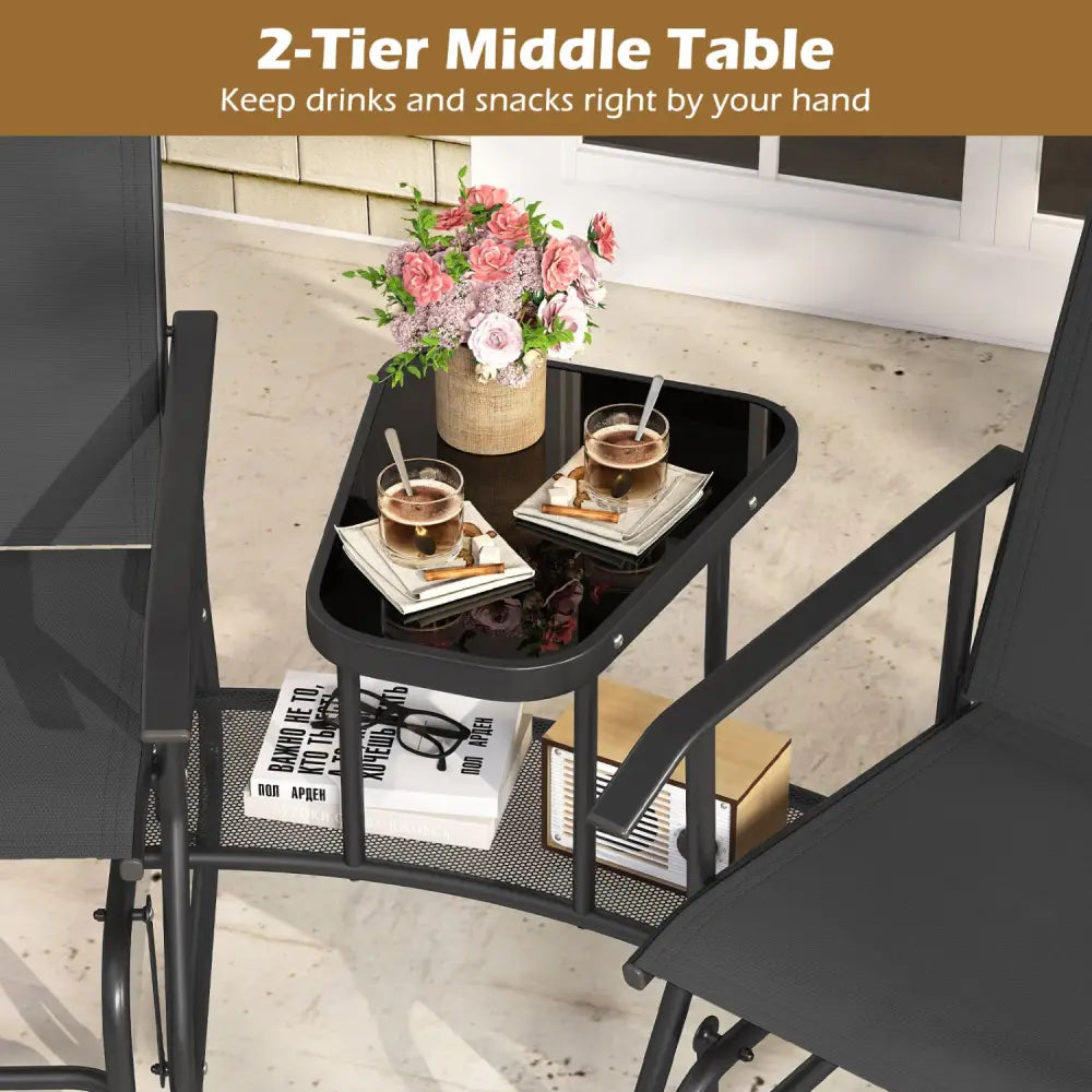 2-Seater Outdoor Glider Bench with 2-Tier Center Table-Black - Black - Patio Rocking Chairs & Gliders
